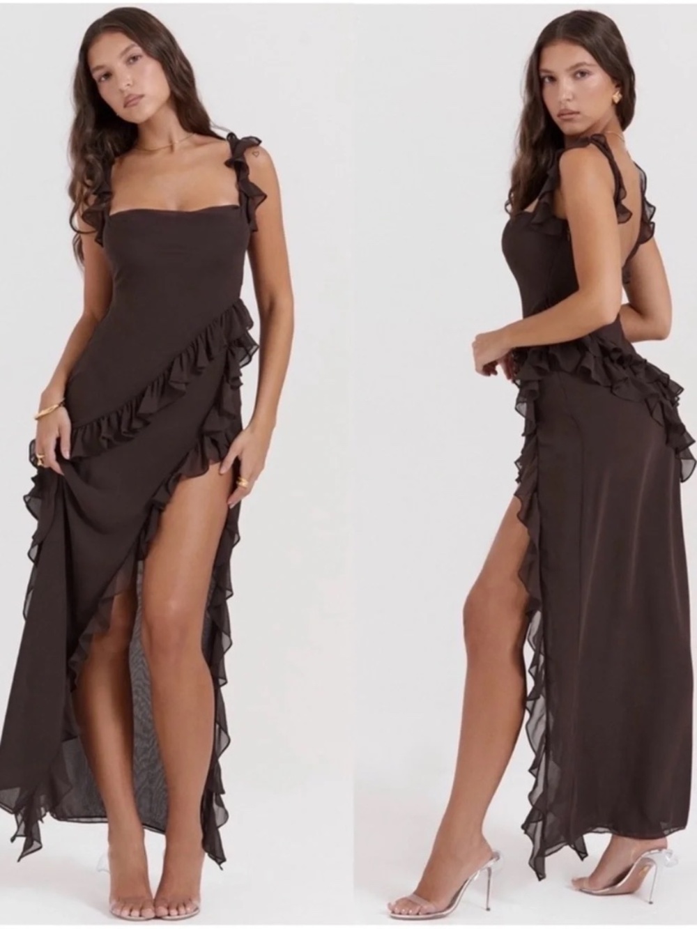 House of CB Chocolate Ariela Ruffle-Trim Maxi Dress